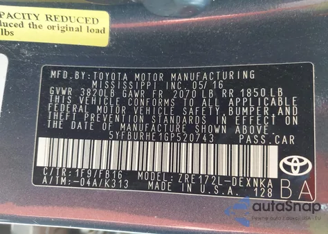 2016 Toyota Corolla Le from USA, damaged, VIN 5YFBURHE1GP520743